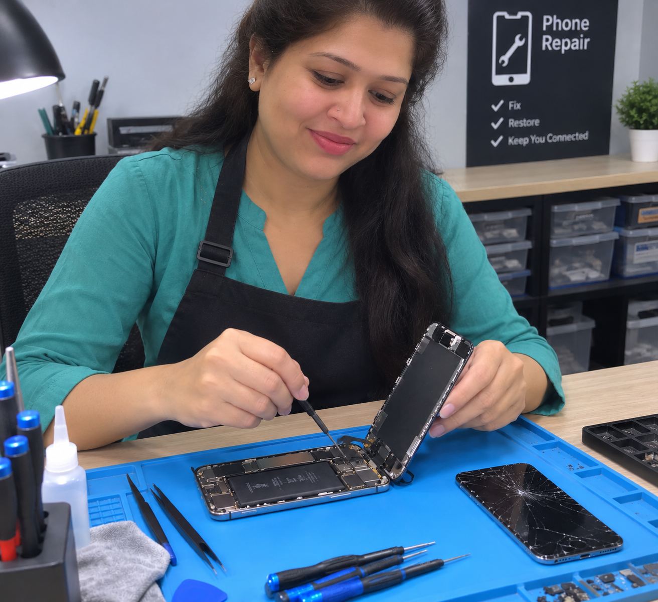 Certified woman technician repairing an iPhone screen at a customer's home in Milton